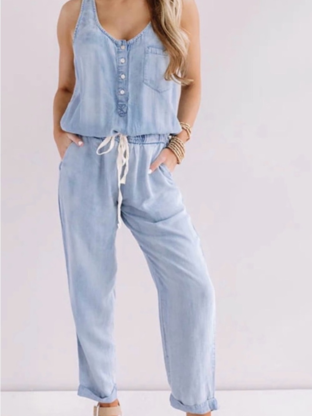 Lovestitch Light Blue Denim Sleeveless Button-Front Jumpsuit
